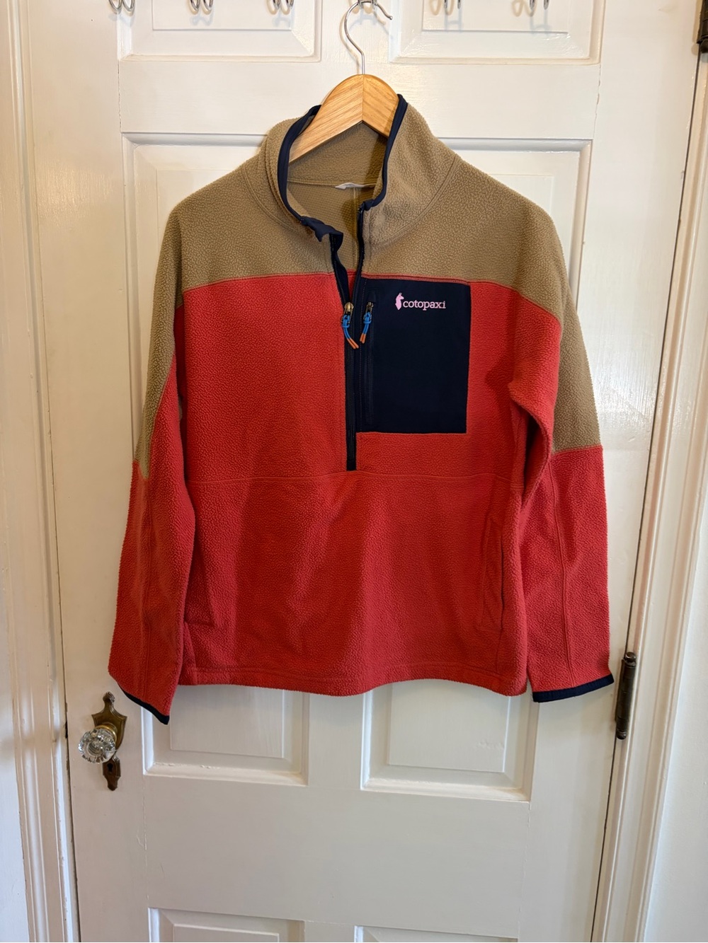 cotopaxi Red and Tan Colorblock Half-Zip Fleece with Navy Pocket